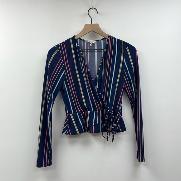 BCBGeneration Striped Y2K Surplice V-Neck Faux Wrap Maxi Blouse Navy - Picture 1 of 6